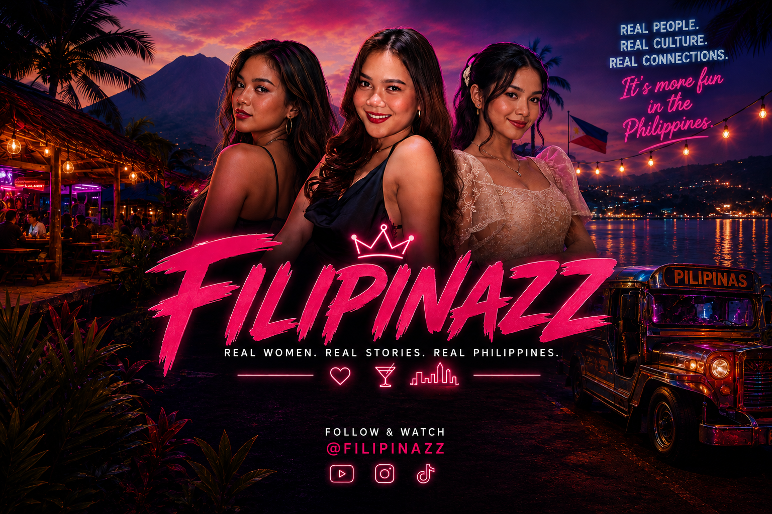 Filipinazz in the Philippines — three adult Filipina hosts in a vibrant nightlife setting